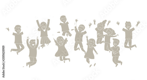 Silhouetted group of diverse children happily jumping and cheering, isolated white background.