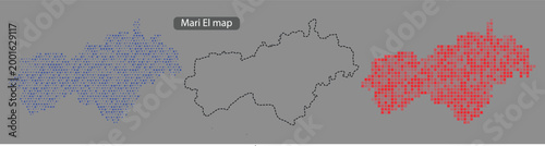 A pixelated map of mari el republic in russia with blue and red mosaic patterns on a gray background with a black outline