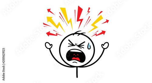 A distressed stick figure person screaming with their arms raised in frustration and anger, with lightning bolts and arrows emanating from their head.