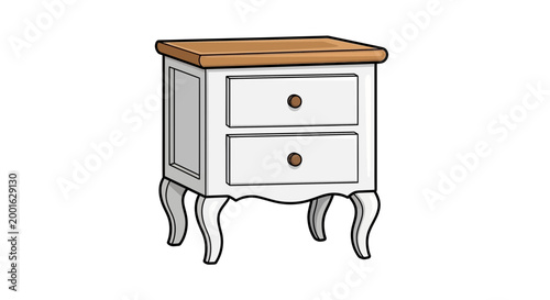 White bedside table with wooden top and curved legs