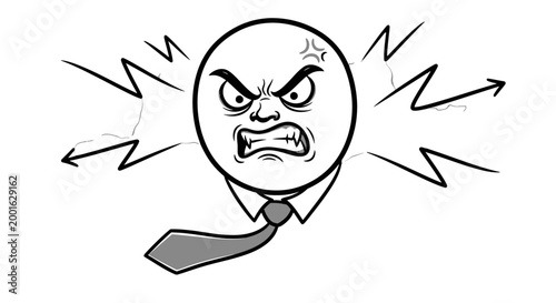 An angry cartoon face with a tie, radiating intense frustration and aggression with sharp lines and a scowling expression.