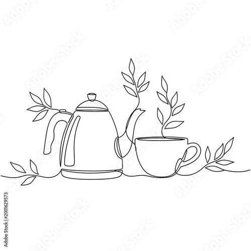 Minimalist single line drawing of a teapot and cup with leaves, elegant tea time concept