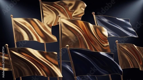 Waving Gold and Black Flags in Spotlight