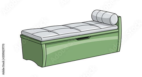 Modern green storage bench with padded seat and bolster pillow