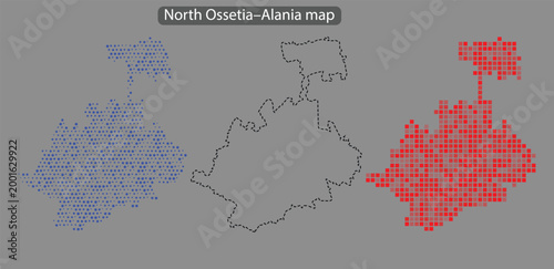 North ossetiaalania map in blue and red pixel art on gray background with black outline