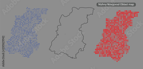 Nizhny novgorod oblast map in blue and red pixel art on gray background with black outline