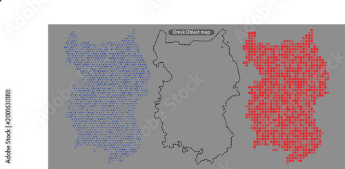 Omsk oblast map with blue and red pixelated areas on gray background
