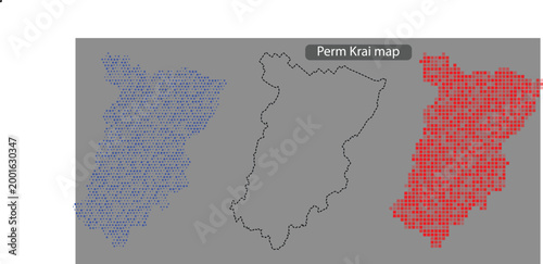 Perm krai map with blue and red pixelated areas on gray background