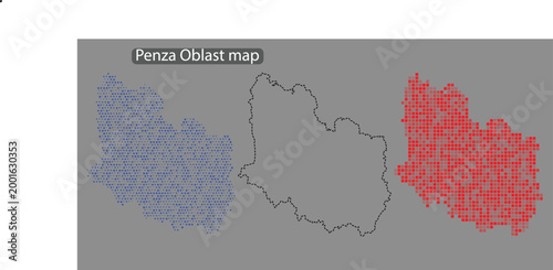 Penza oblast map with blue and red pixelated areas on gray background