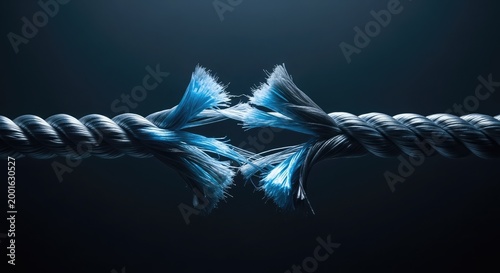 A close-up view of a rope being snapped in two with frayed ends.