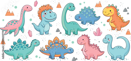 A charming collection of nine cute cartoon dinosaur characters featuring various colorful prehistoric species like stegosaurus and long-necked sauropods isolated on a white background.