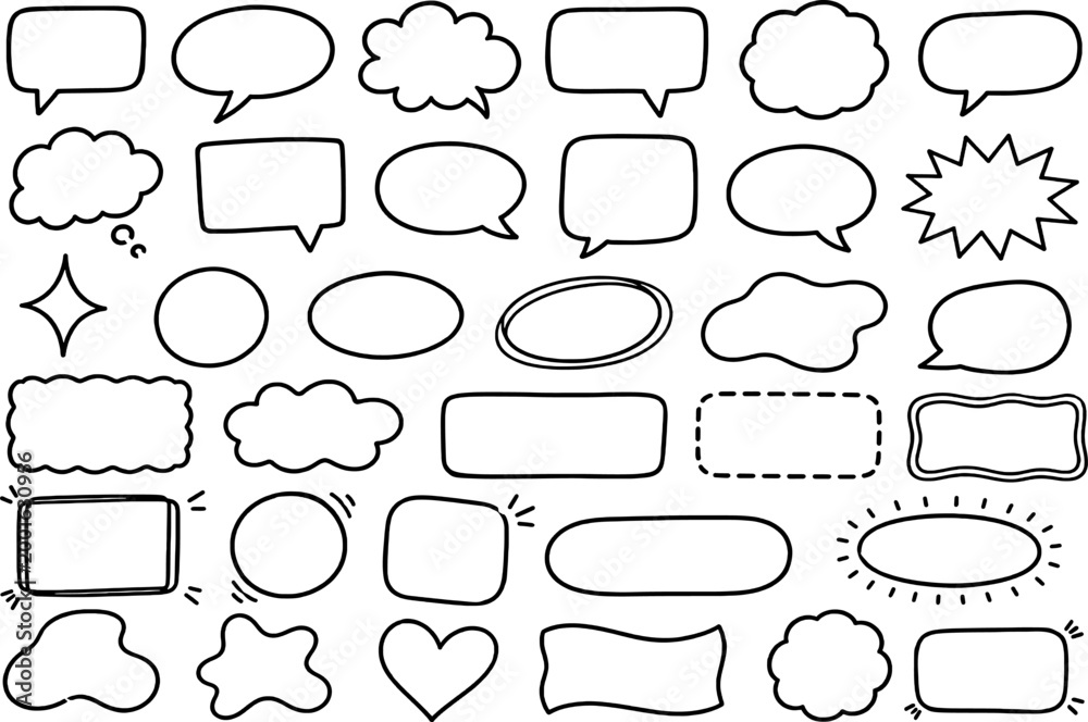 Fototapeta premium Hand drawn doodle speech bubbles and blank text boxes set. Vector illustration of comic chat clouds, thought balloons, and empty message frames for communication and graphic design
