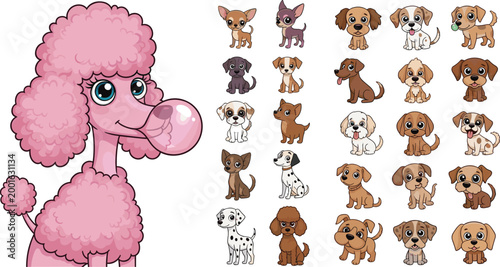 Cartoon Dog Collection with Poodle, Puppies, and Various Breeds for Pet, Animal Lovers, and Dog Illustration Designs