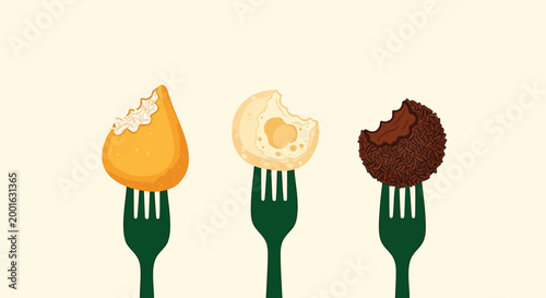 Forks with donuts, bitten pastry, chocolate dessert, food icons, vector graphics