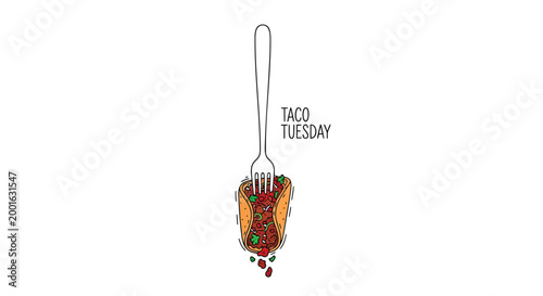 Taco Tuesday, food illustration, taco fork, colorful Mexican food, vector icon