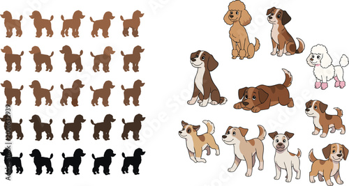 Cartoon Dog Illustration Set Featuring Poodle, Beagle, and Puppy Breeds in Various Poses for Pet, Animal, and Dog Lovers Designs