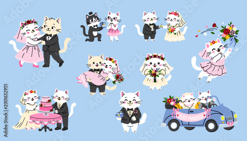 Romantic Cat Bride and Groom Illustration Collection