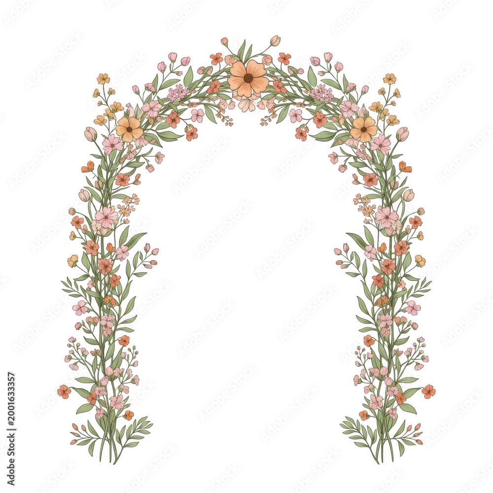 Fototapeta premium A beautiful floral archway adorned with vibrant flowers and lush greenery isolated on transparent background