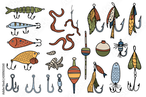Colored doodle fishing hooks, floats, lure, baits. Sketch style fishing rod, fly fishing tackles, worms. Vector vintage illustrations of fishing gear
