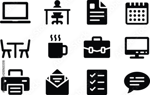 Black office icons set work technology and daily routine essentials