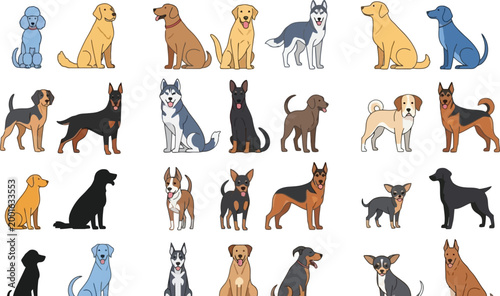 Cartoon Dogs of Different Breeds and Poses for Pet, Animal, and Dog Lovers Illustrations
