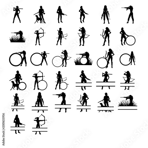 Silhouette of female hunters with a gun, hunting scene silhouette, hunting frames