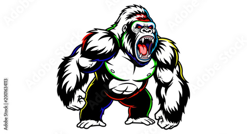 Furious Gorilla Roaring Aggressive Primate Mascot with Colorful Outline