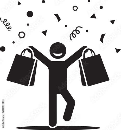 Joyful shopper celebrates with purchases arms raised in a celebratory pose silhouette