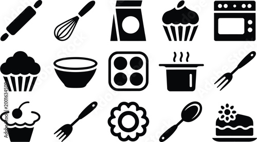 Black silhouette baking icons tools treats and culinary essentials