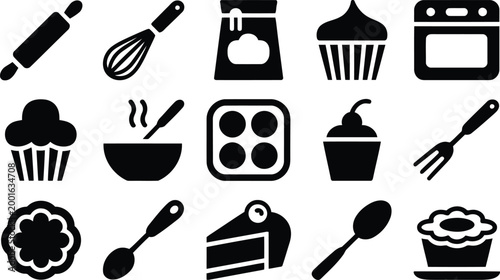 Black silhouette icons of baking tools and sweet treats