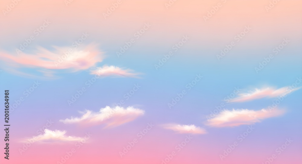Fototapeta premium Gradient sky with fluffy white clouds at sunset pink