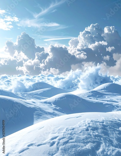 Snowy landscape with rolling hills beneath a dramatic cloudy sky
