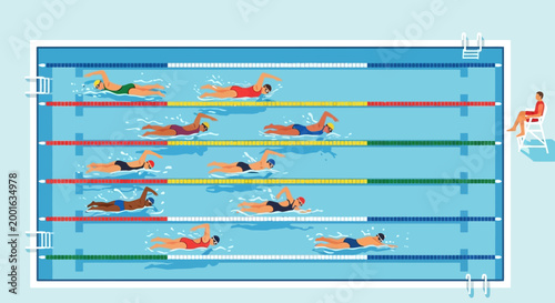 Illustration of competitive swimmers in various lanes of a swimming pool with a diving board on the side.