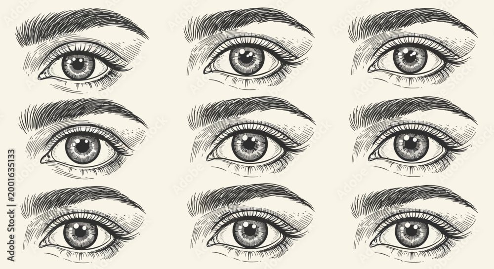 Fototapeta premium Detailed pencil drawings of multiple human eyes with varying expressions on a beige background