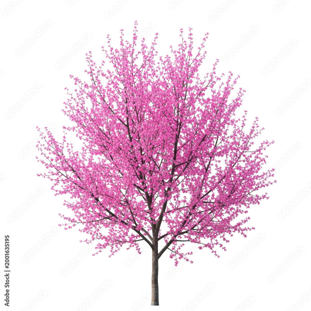 Fototapeta premium A vibrant pink flowering tree stands out against a white background isolated on transparent background