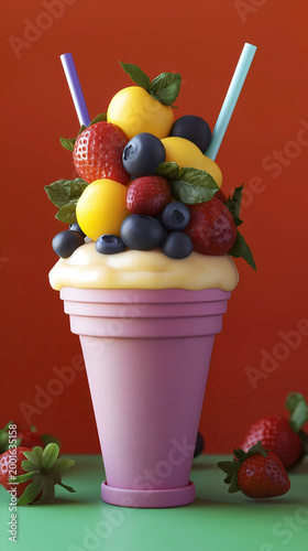 Fruit smoothie cup overflowing with strawberries, blueberries, melon balls, mint, straws on vibrant red and green background.