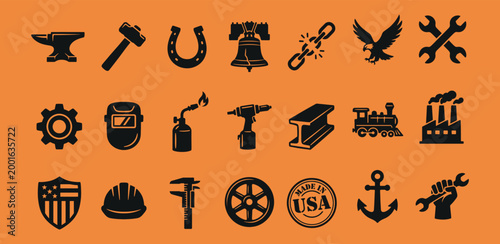 Industrial manufacturing icons featuring American labor and heritage craftsmanship symbols
