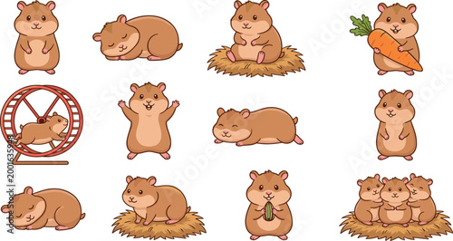 A charming collection of twelve cute cartoon hamster characters in various playful poses including sleeping, eating a carrot, running on a wheel, and nesting on hay.