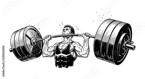 Man lifting heavy barbell, strong bodybuilder, fitness and strength concept, black and white sketch