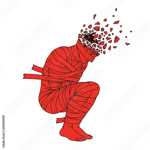 Man Wrapped in Red Tape, Head Exploding into Fragments, Symbolizing Mental Breakdown
