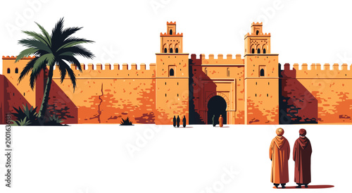 Moroccan architecture vector illustration depicting a grand gateway with palm trees and people in traditional attire