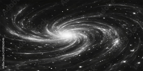A mesmerizing spiral galaxy, a celestial dance of stars and cosmic dust, swirls gracefully in the vast expanse of space. The monochrome rendering enhances the galactic beauty.