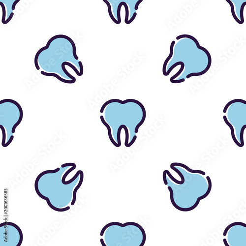 Seamless pattern of stylized blue teeth icons isolated on transparent background for dental use