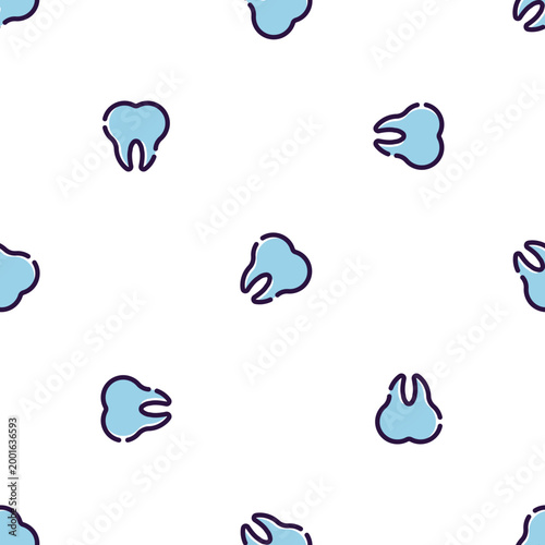 Pattern of light blue teeth icons with purple outline isolated on transparent background