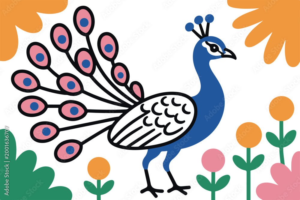 Fototapeta premium Artistic peacock with large colorful tail and abstract floral elements, playful design.