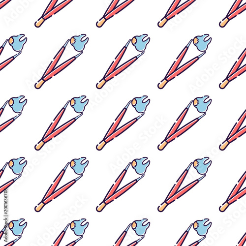 A repeating pattern of dental tweezers with a light blue tip isolated on a transparent background