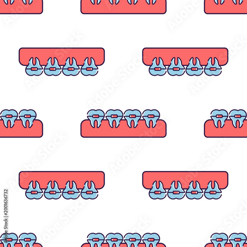 Seamless pattern of cartoon dental teeth with braces isolated on transparent background