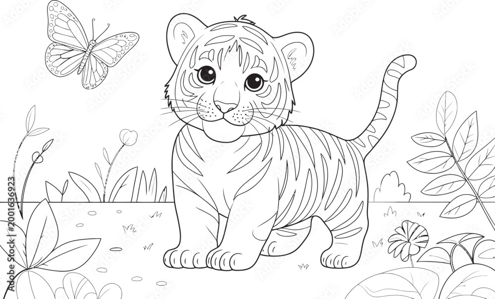 Fototapeta premium Baby tiger with butterfly and flowers in nature outline drawing sketch vector.