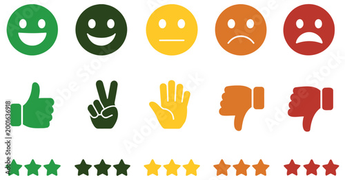 Vector, colorful rating system set with expressive emojis, thumbs up gestures, and star icons, illustrating customer feedback, service quality assessment, satisfaction surveys, and interactive review 