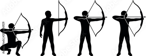 Photos A collection of four black archery silhouettes featuring archers in various shooting positions, including crouching and standing poses with bows and arrows isolated on white
